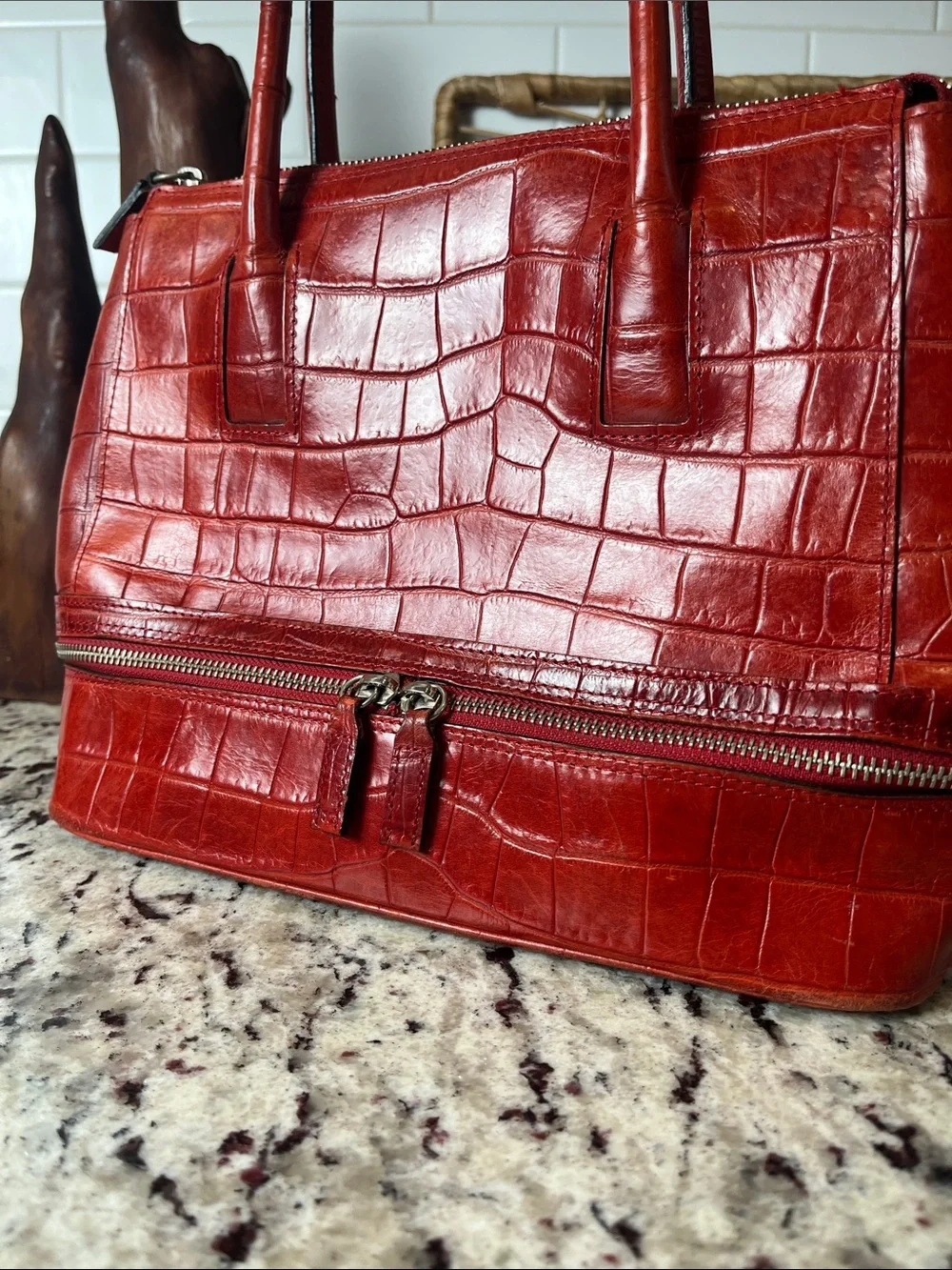 Pelle Studio Red Croc-Embossed Satchel with Zip Compartment